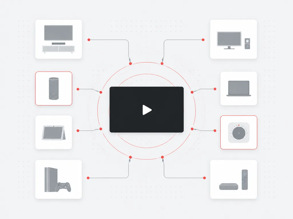Central video frame expanding through red arcs into a grid of household screen tiles