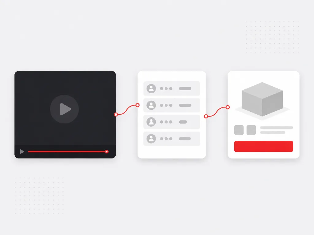 Completed video card flowing through a warm audience module into a product action card