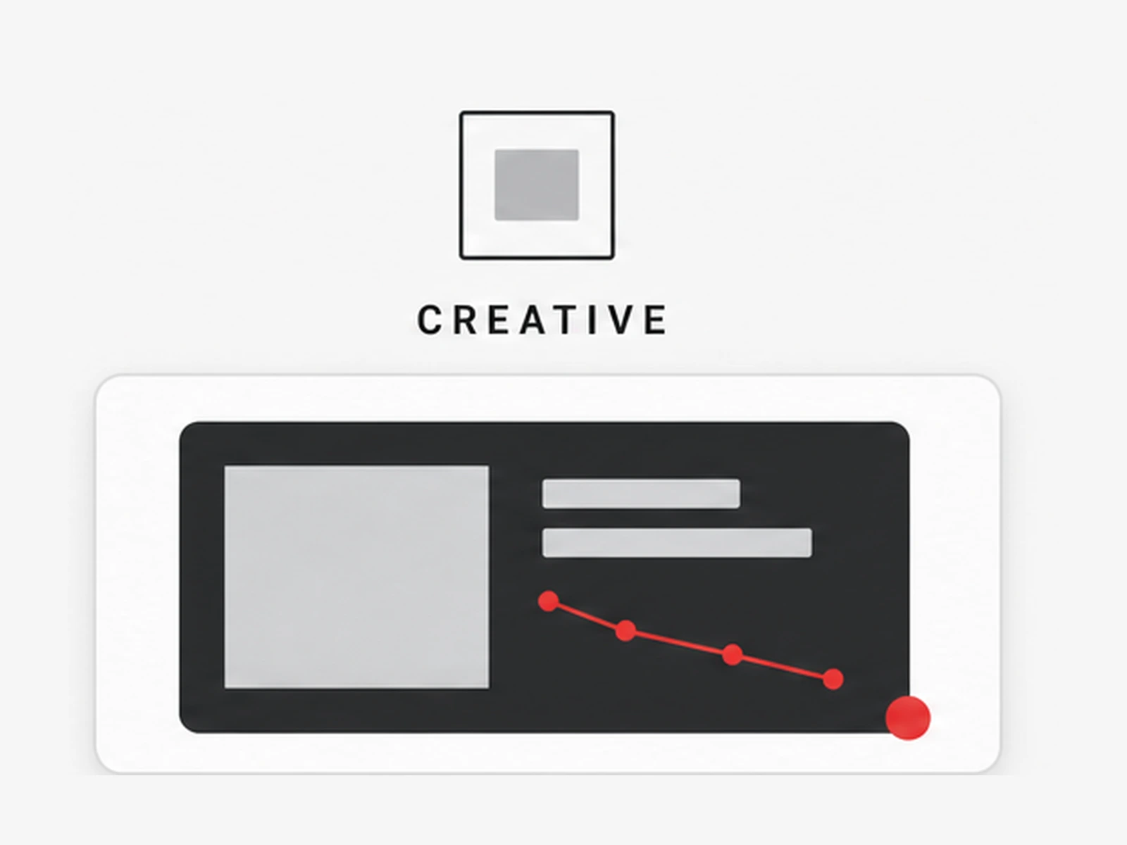 Dark ad creative module with muted content blocks beside a declining red engagement line ending in a red underperformance marker