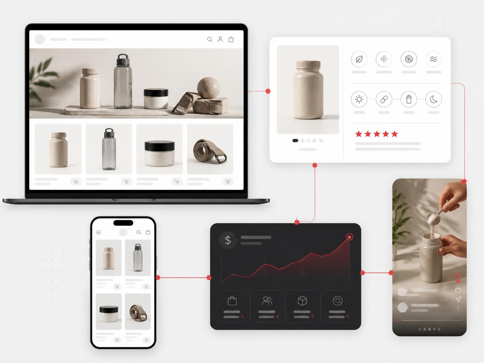 Wellness ecommerce storefront on laptop and phone with a product education module, routine content frame and a revenue performance module connected together