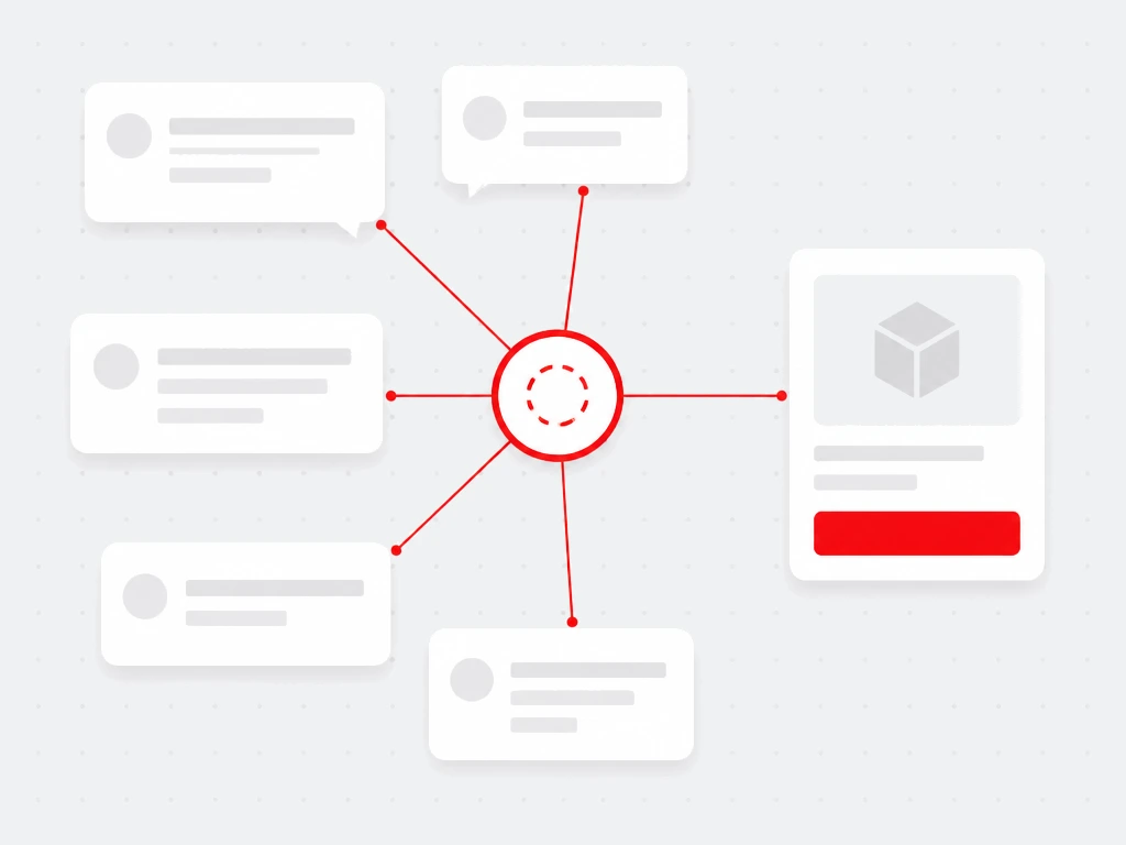 Cluster of generic conversation bubbles connected by red lines to a central topic node and a product card with a red action button