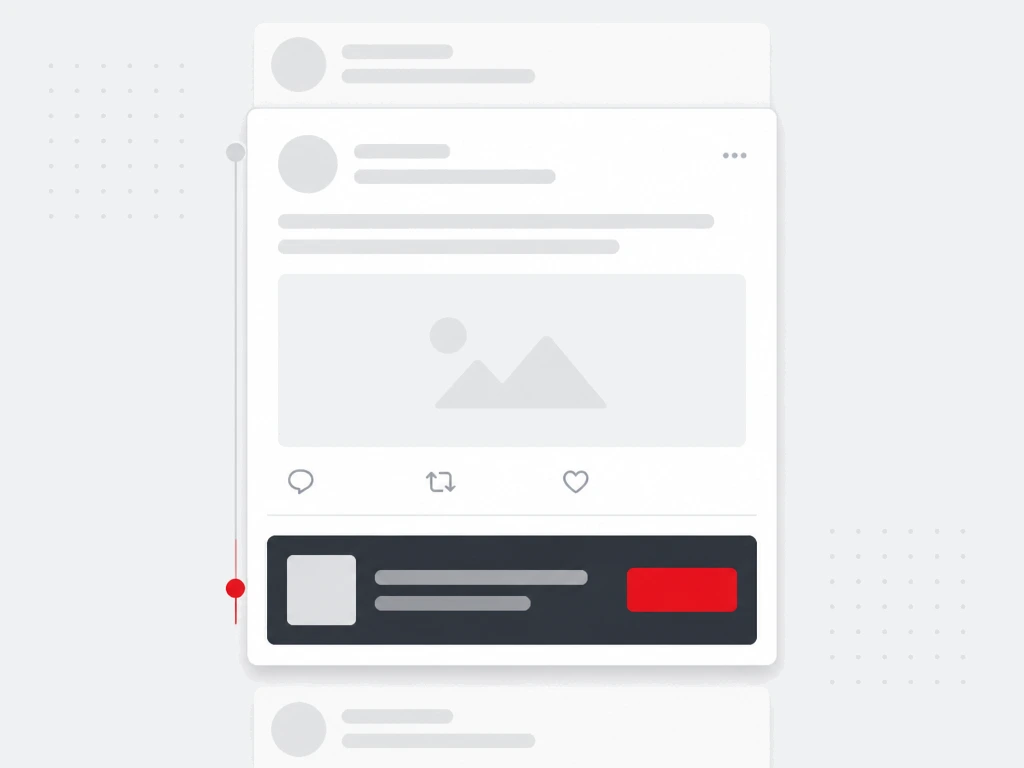 Native promoted post card in a generic timeline feed with engagement icons and a dark promoted module with a red action button