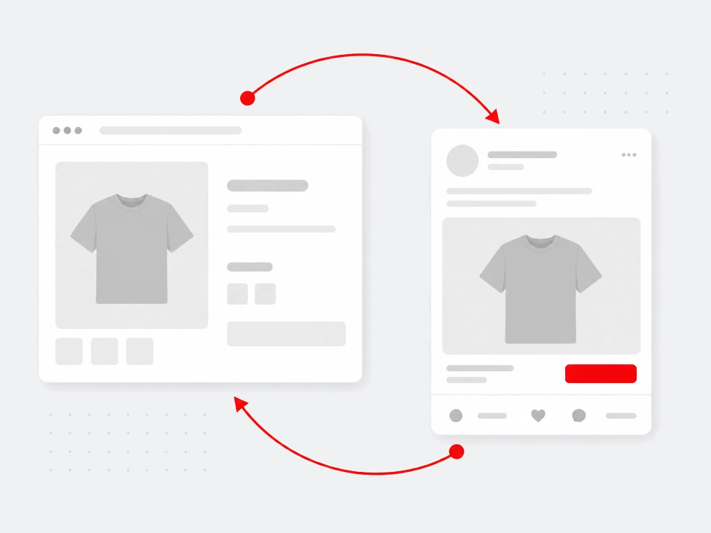 Previously viewed product page connected by a looping red path to a returning promoted post with the same product and a red buy button
