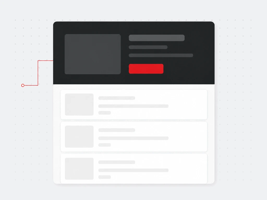 Large dark takeover banner with a red action button sitting above a lighter generic feed of placeholder post cards
