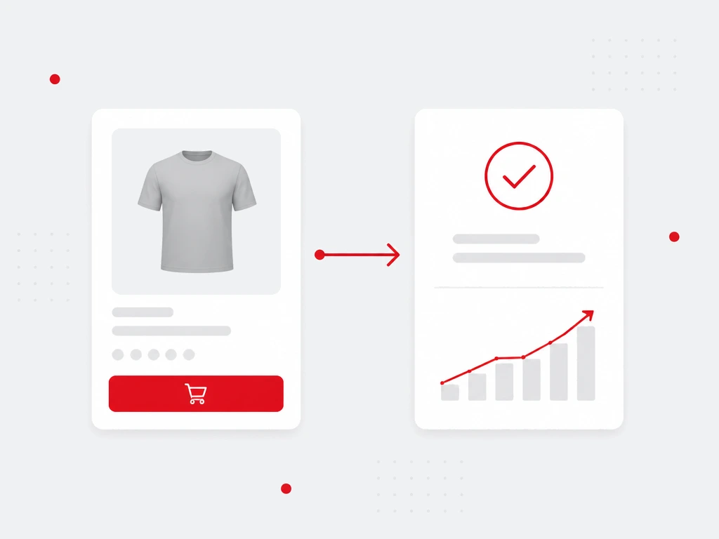 Generic product card with a red buy button connected by a red arrow to a confirmation card and a rising performance chart
